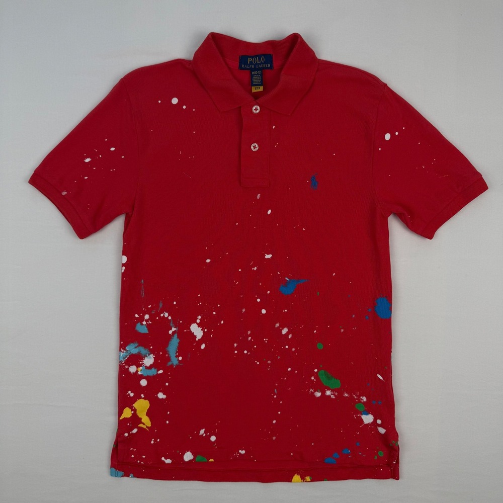 Polo Ralph Lauren Boys Red Paint Splatter Polo Shirt Size M 10-12 Short Sleeve